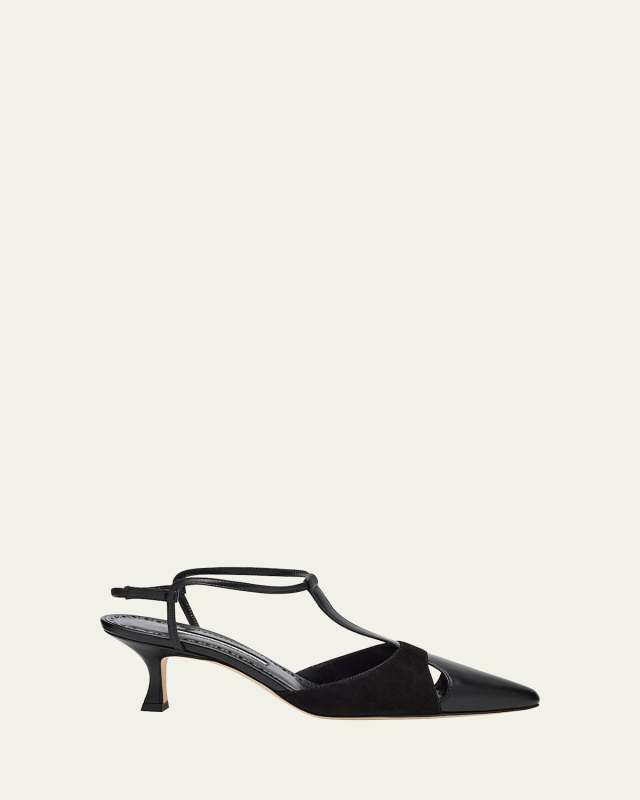 Mixed Leather T-Strap Pumps